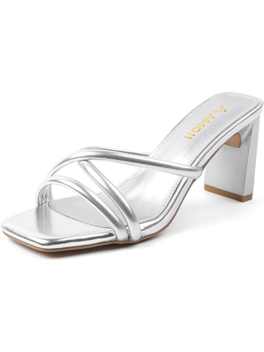 Women's Silver 3 Inches Slip On Block Heels Square Toe Casual Heeled Sandals